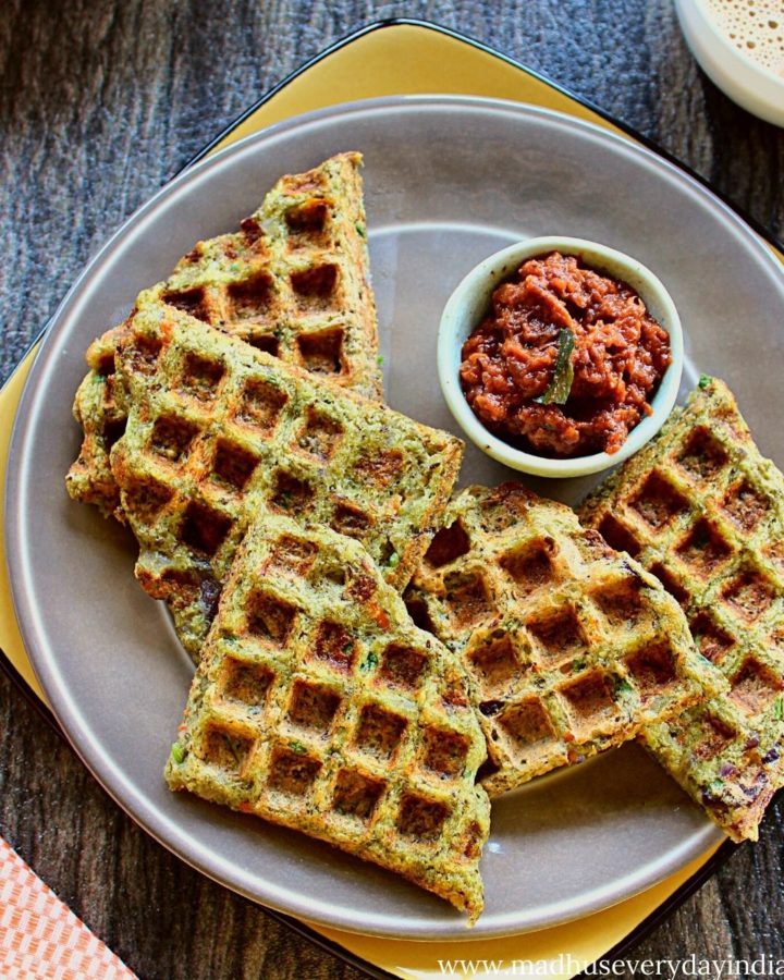 5 green moong dal waffles served with onion chutney