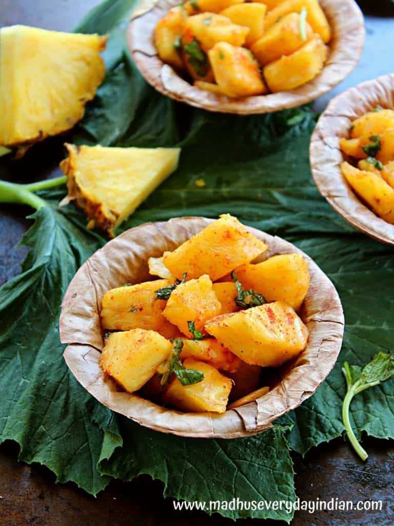 pineapple chaat served in a leaf cup