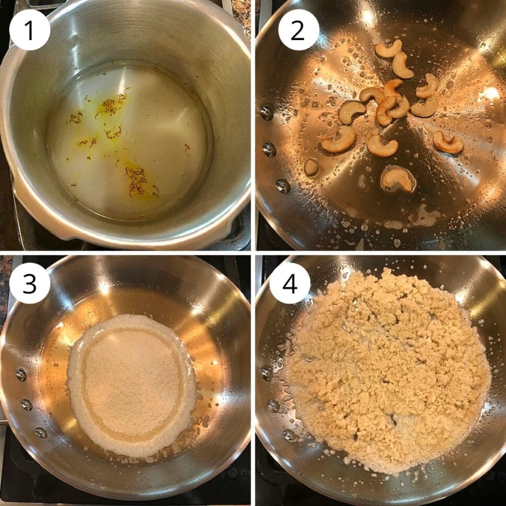 water sugar mixture added to cooker and cashew and semolina are roasted in the ghee.