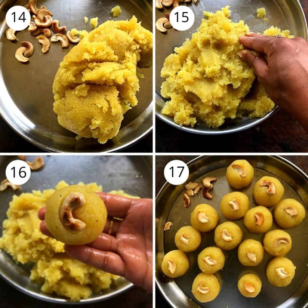rava lesari and fried cashew are formed in to ladoo