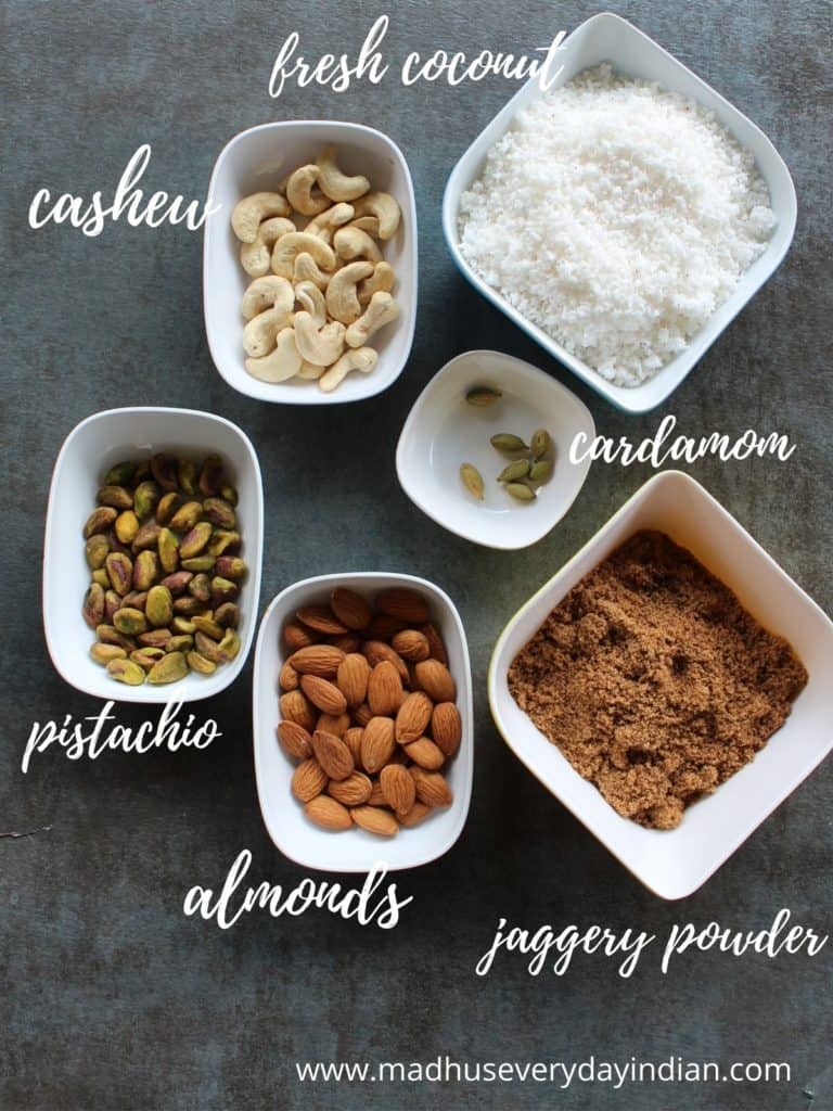 picture of the ingredients need to make coconut ladoo with jaggery and nuts