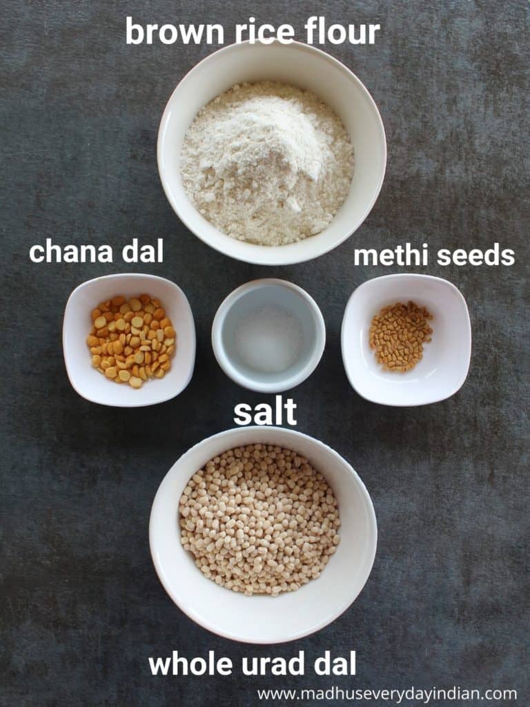 pic of brown rice flour, chana dal, methi, salt and urad dal