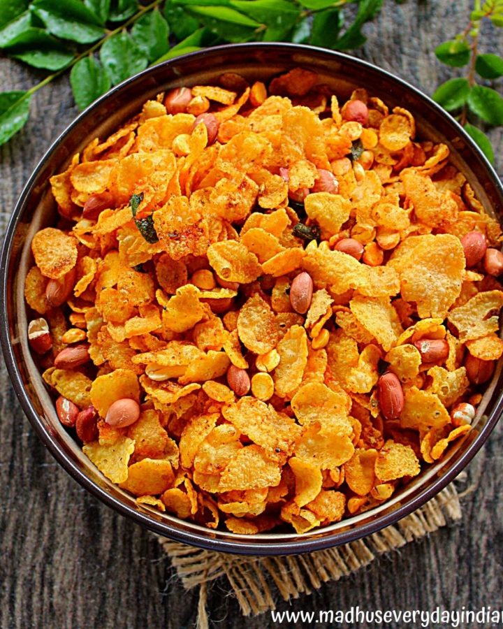corn flakes chivda cereal served in a bowl