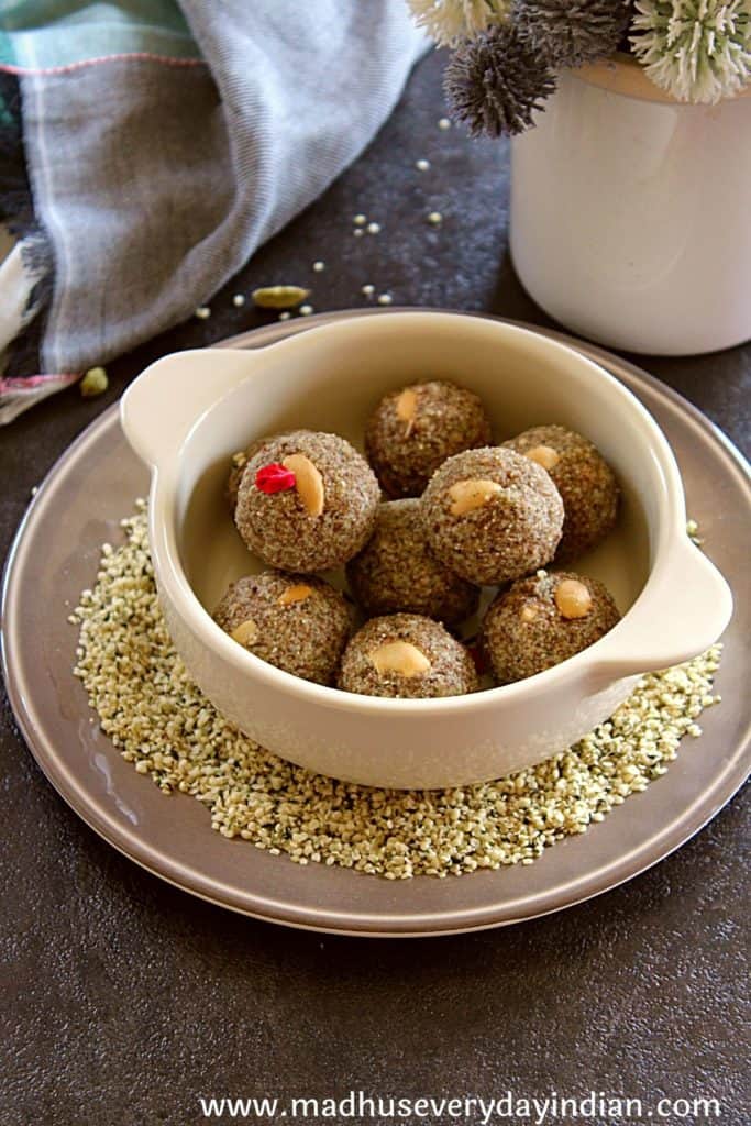 hemp seeds ladoo served with a bed of hemp hearts