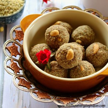 hemp seeds ladoo served in a large bowl garnished with cashew