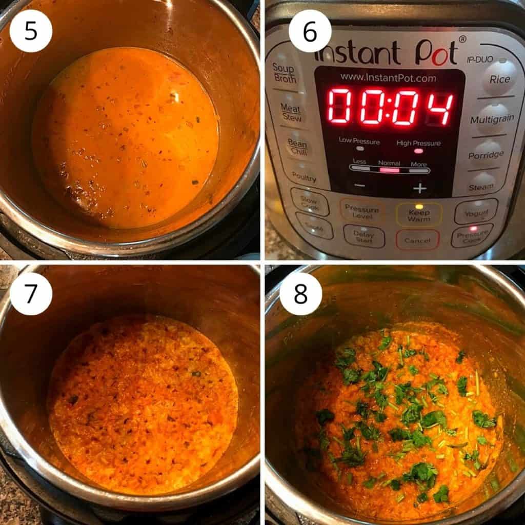 cooking the red lentil curry for 4 minutes in instant pot