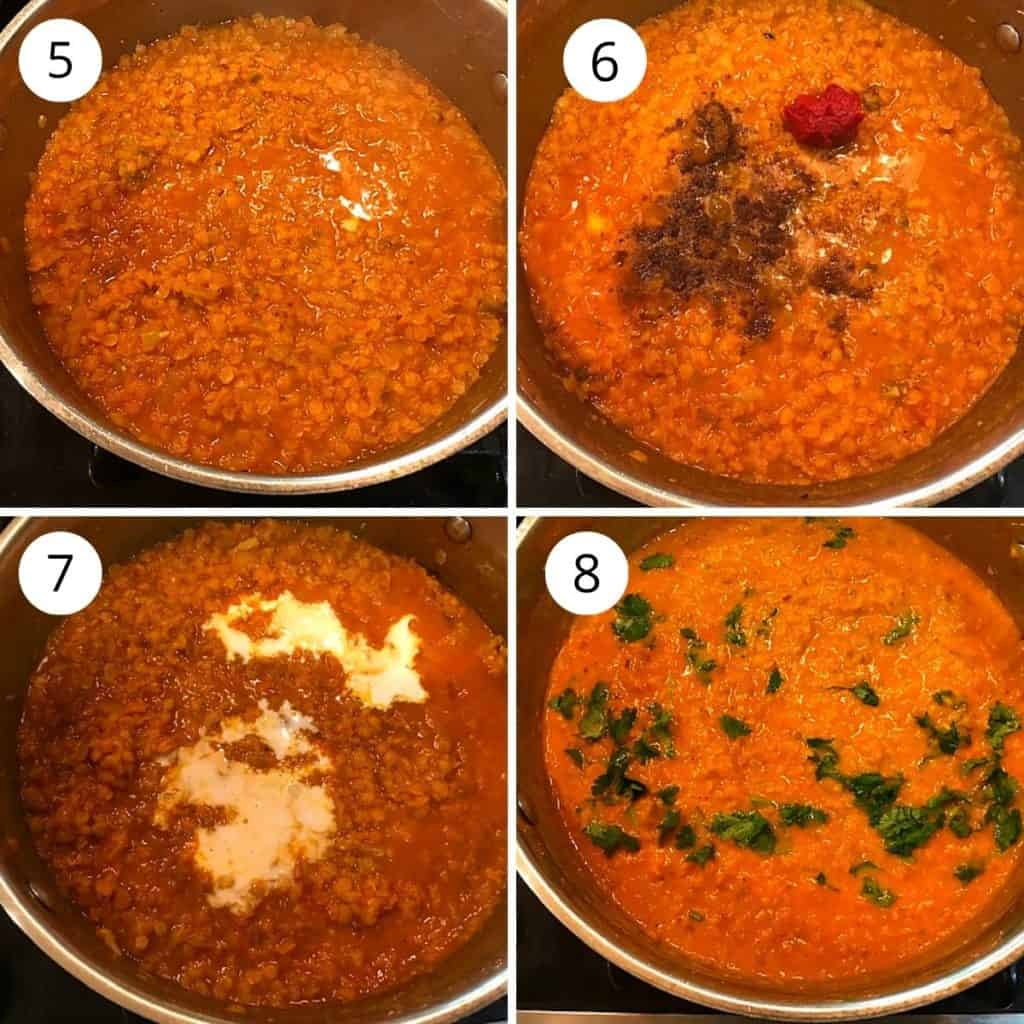 cooked red lentil curry is seasned with garam masala and coconut milk and coriander