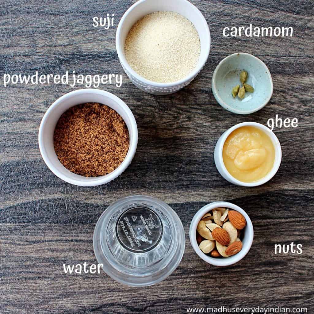 pic of the ingredients needed to make suji gur ka halwa