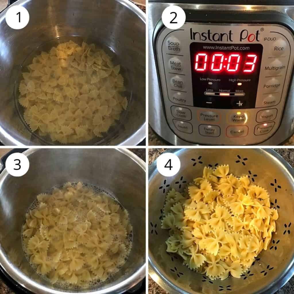 farfalle pasta cooked for 3 minutes in the instant pot
