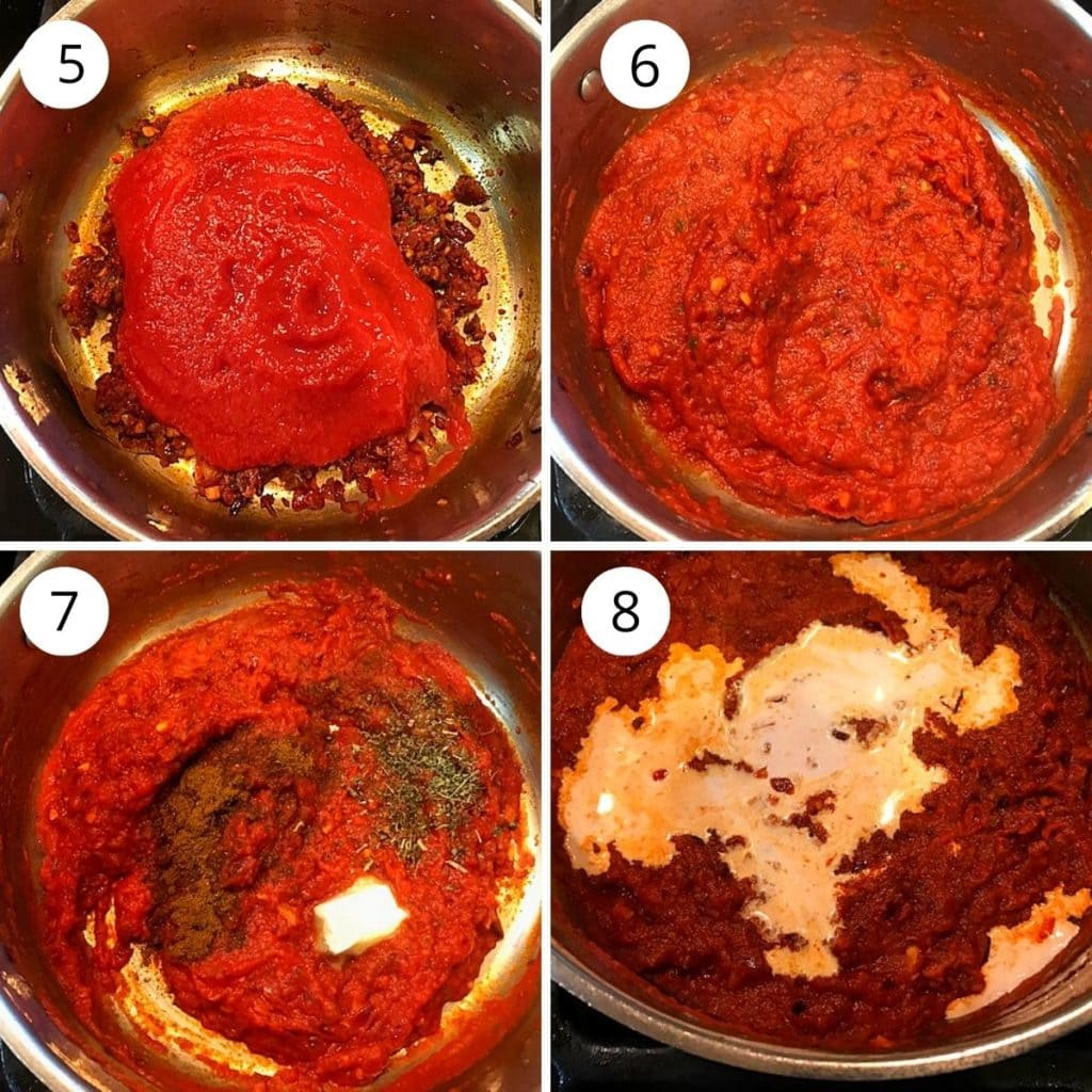 adding tomato sauce, garam masala and cream to the onion spice mixture