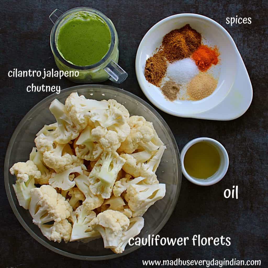 cauliflower florets, chutney, oil and spices in the picture