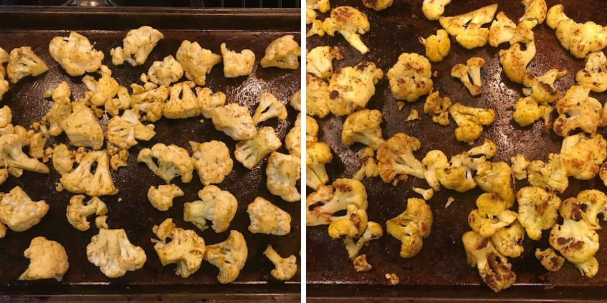 roasted cauliflower in a sheet pan in the oven