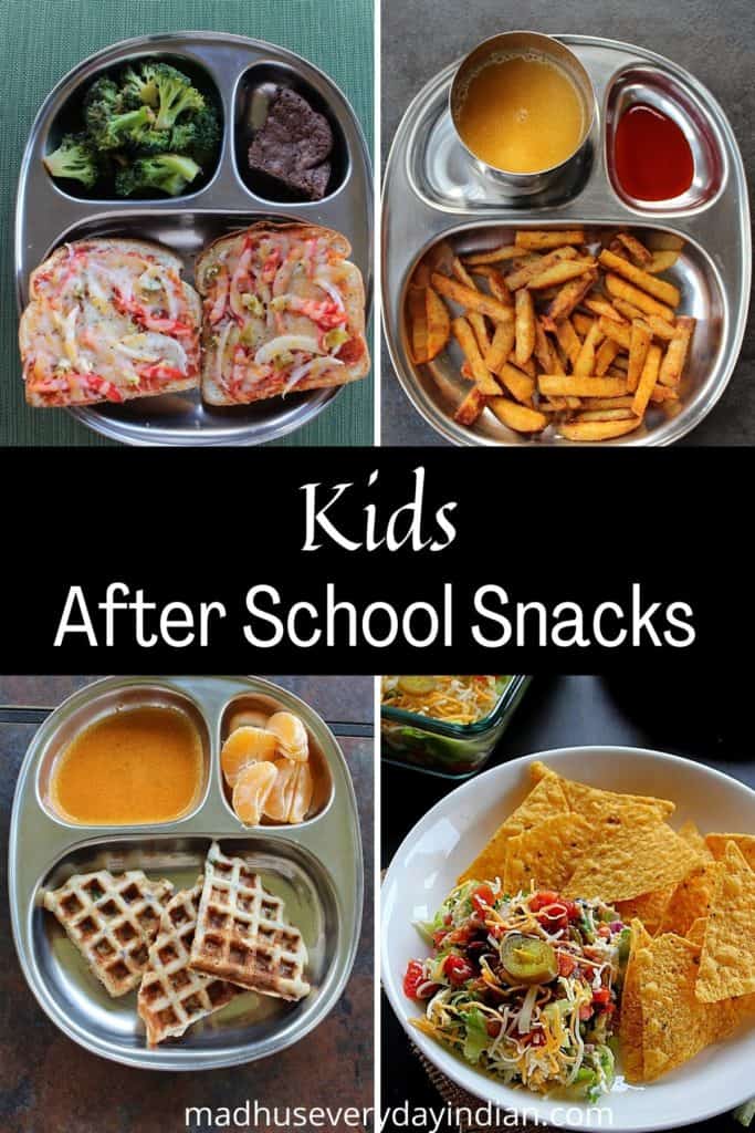 collage of 4 pics of kids after school snacks indian