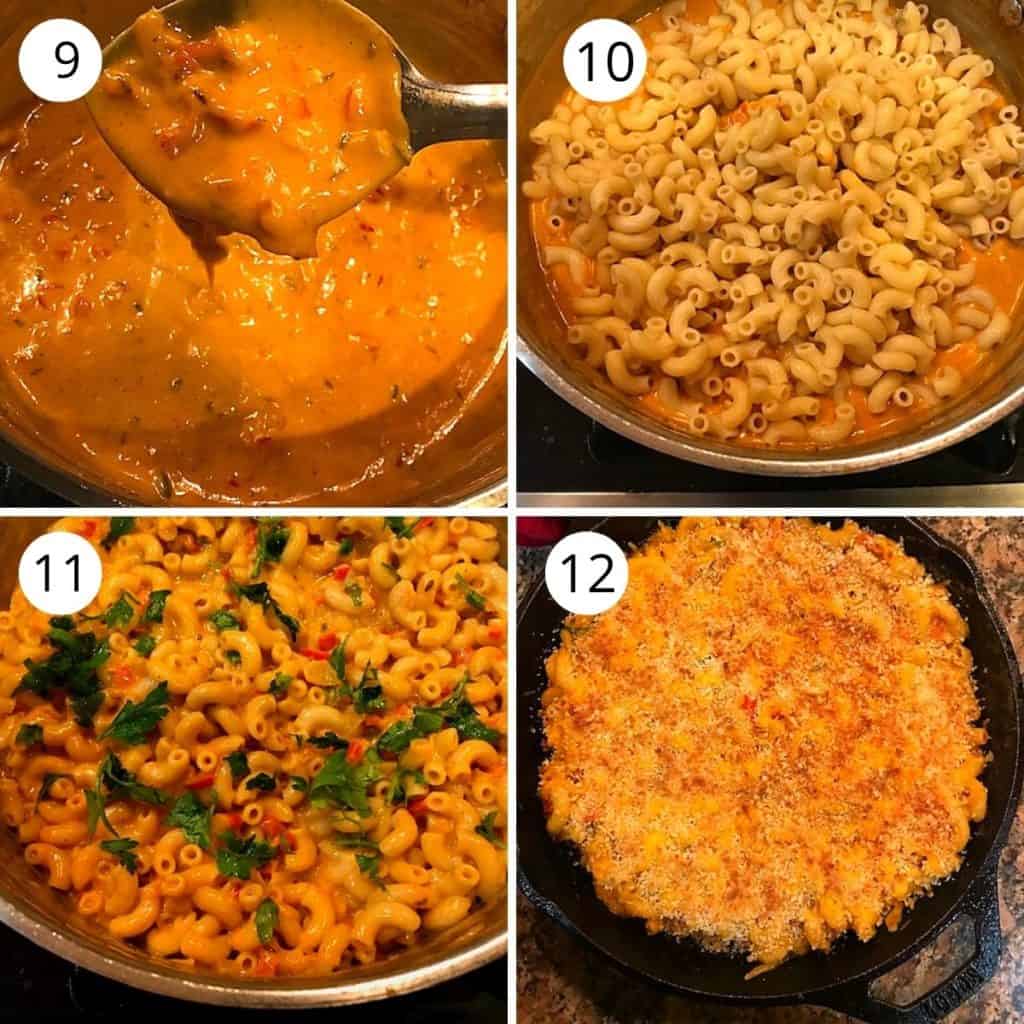 cooked macaroni added to the cheese sauce and baked