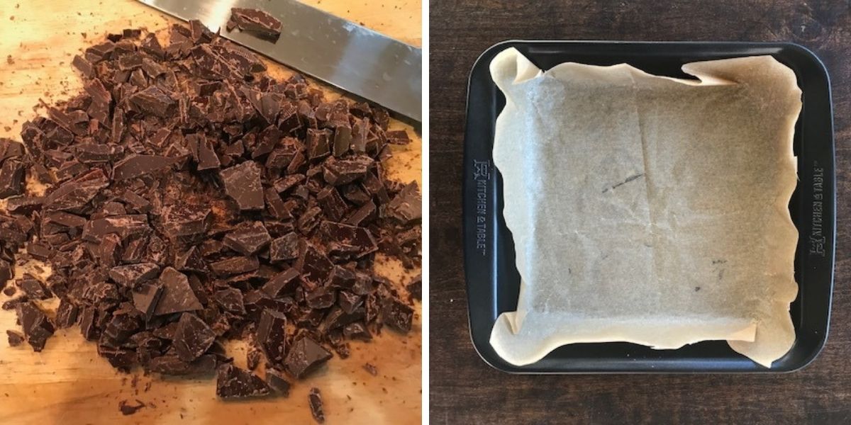 chopped dark chocolate and parchment lined square baking pan