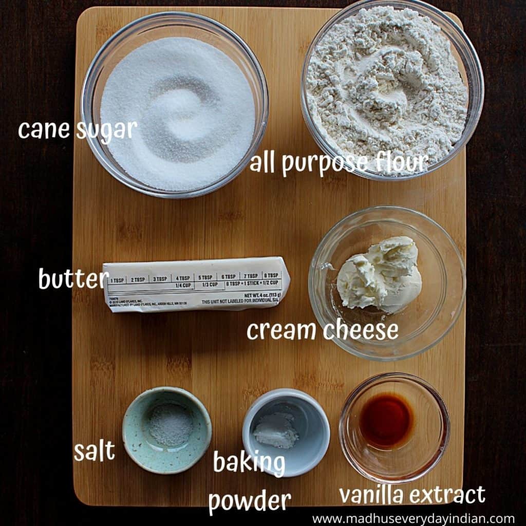 picture of the ingredients needed to make cream cheese sugar cookies