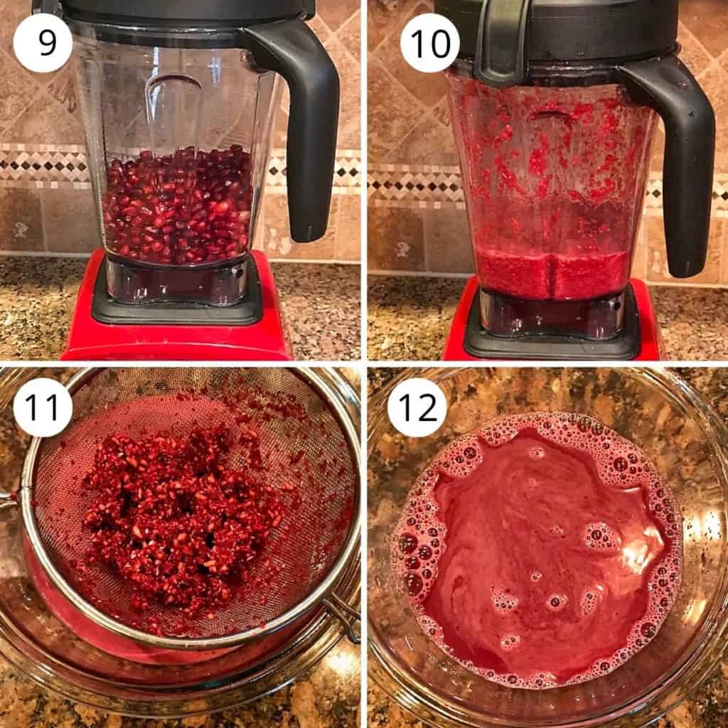 pomegranate placed in a blneder and blended and strained