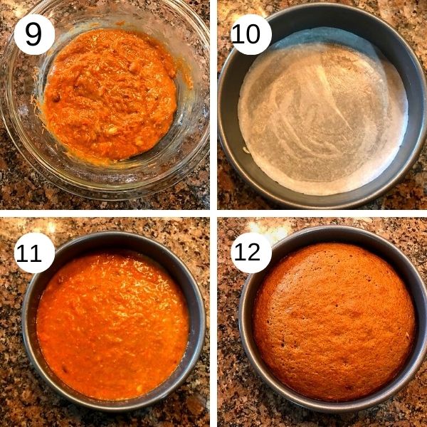 carrot cake batter poured into the pan and baked
