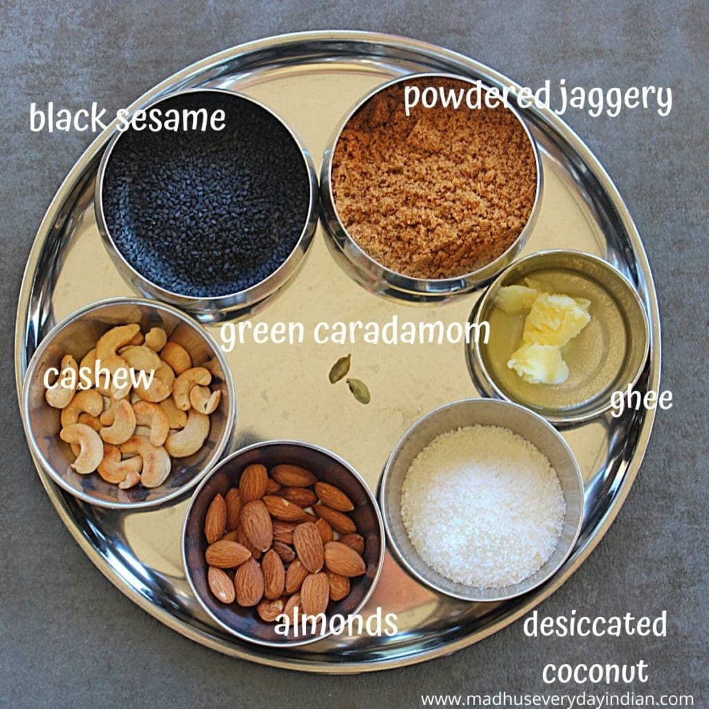 pic of the ingredients needed to make kali til laddu