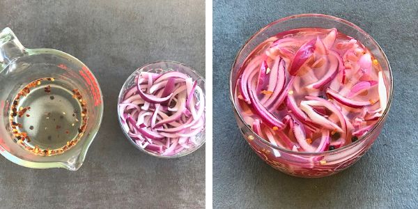 pickling brine and sliced onion are soaked