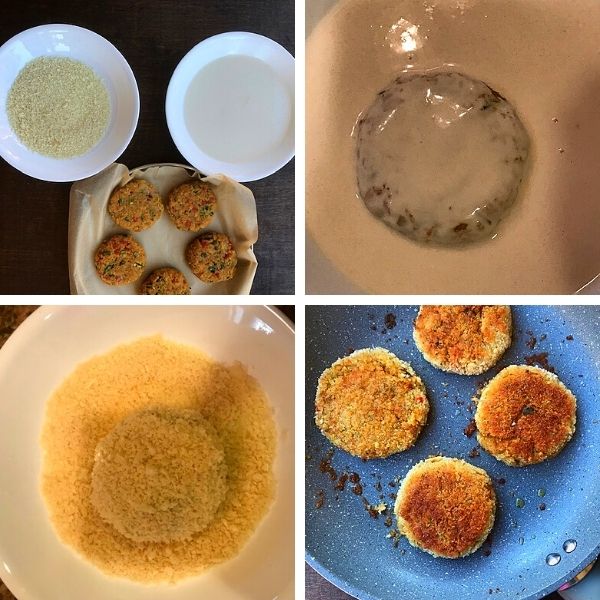 veggie patties coated with flour and bread crumbs and pan fried