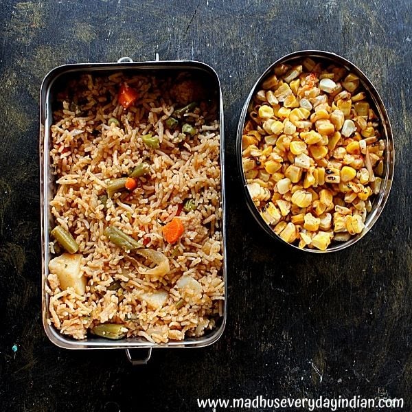 vegetable pulao and roasted corn