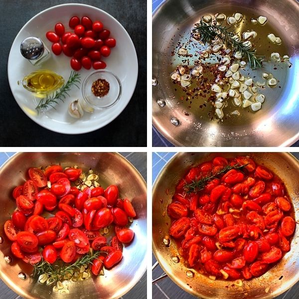 garlic, chili flakes and cherry tomato cooked in a pan