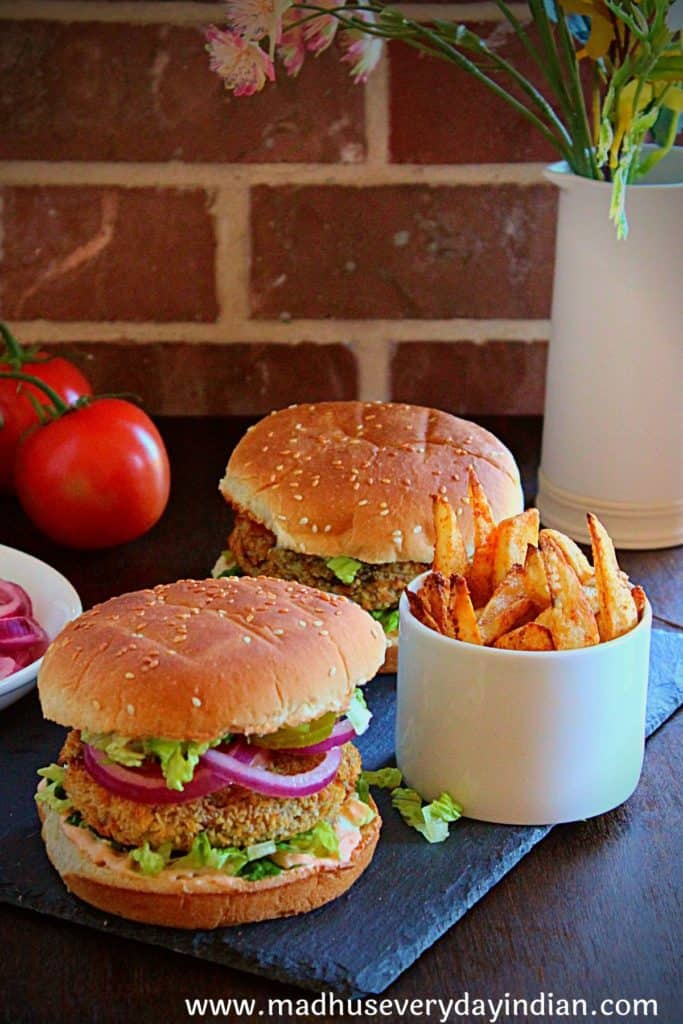 2 indian veggie burgers served with fries