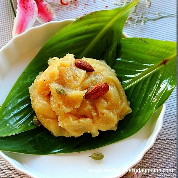 badam halwa served in a leaf 