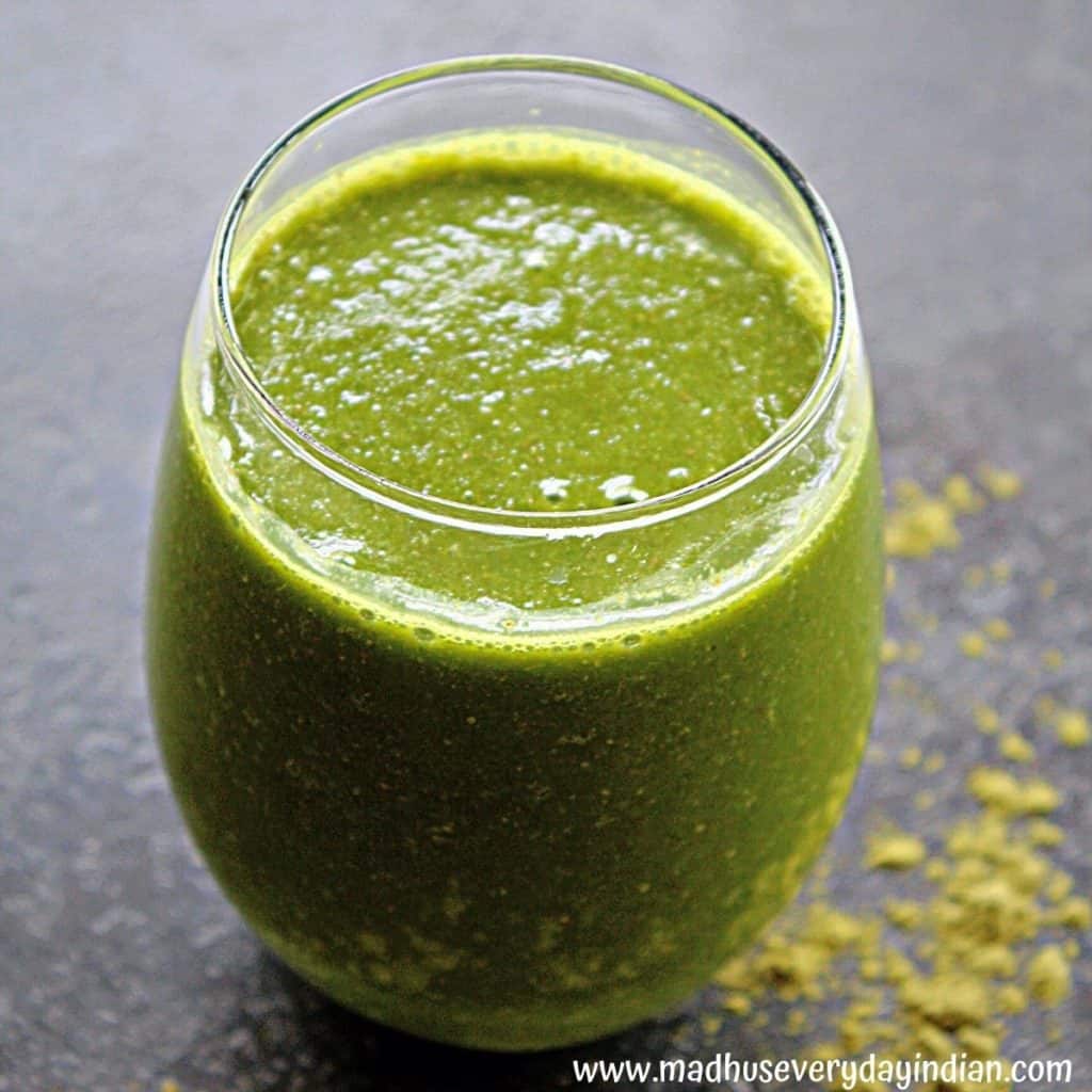 moringa smoothie served in a glass cup