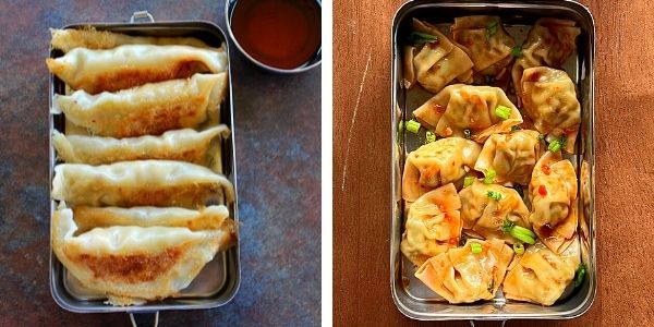 2 pics of dumplings with the dipping sauce