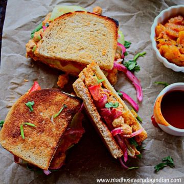 3 slices of chickpea Indian sandwich served with mango chutney