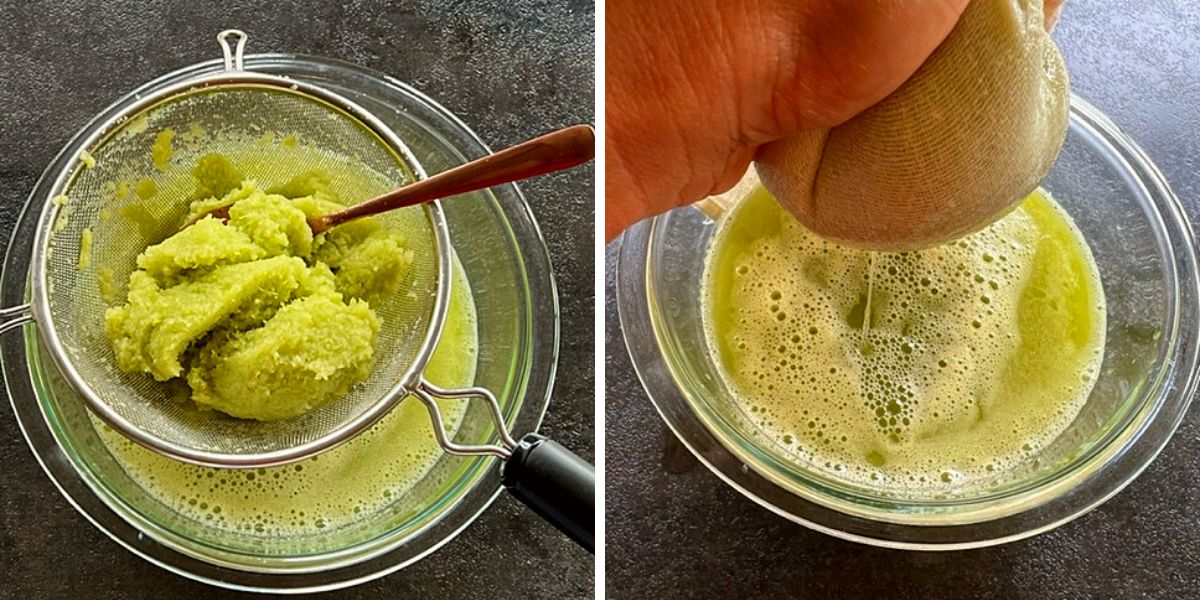 celery juice strained in a strainer and cheese cloth