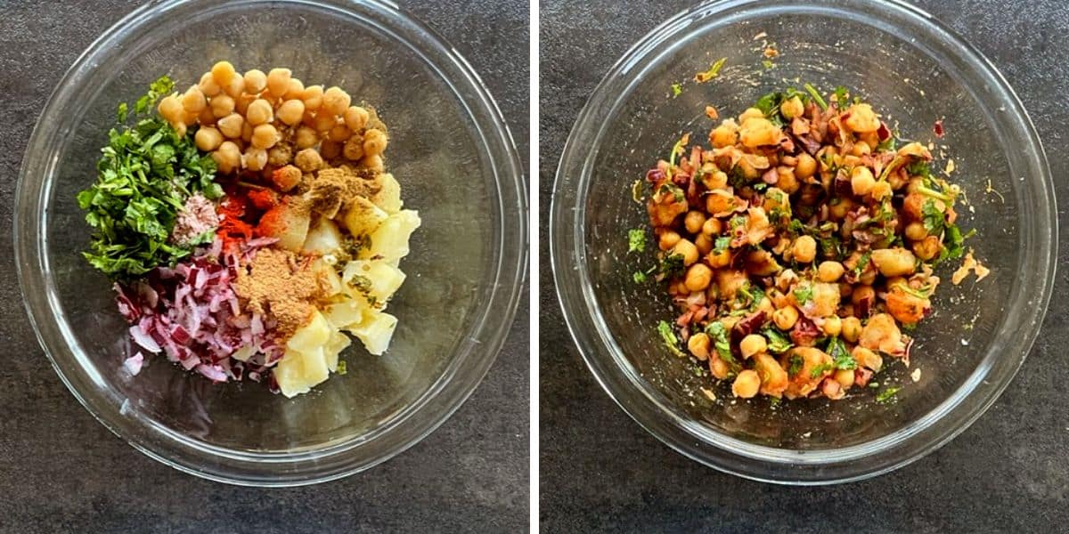 chickpea, potato and spices mixed in a glass bowl