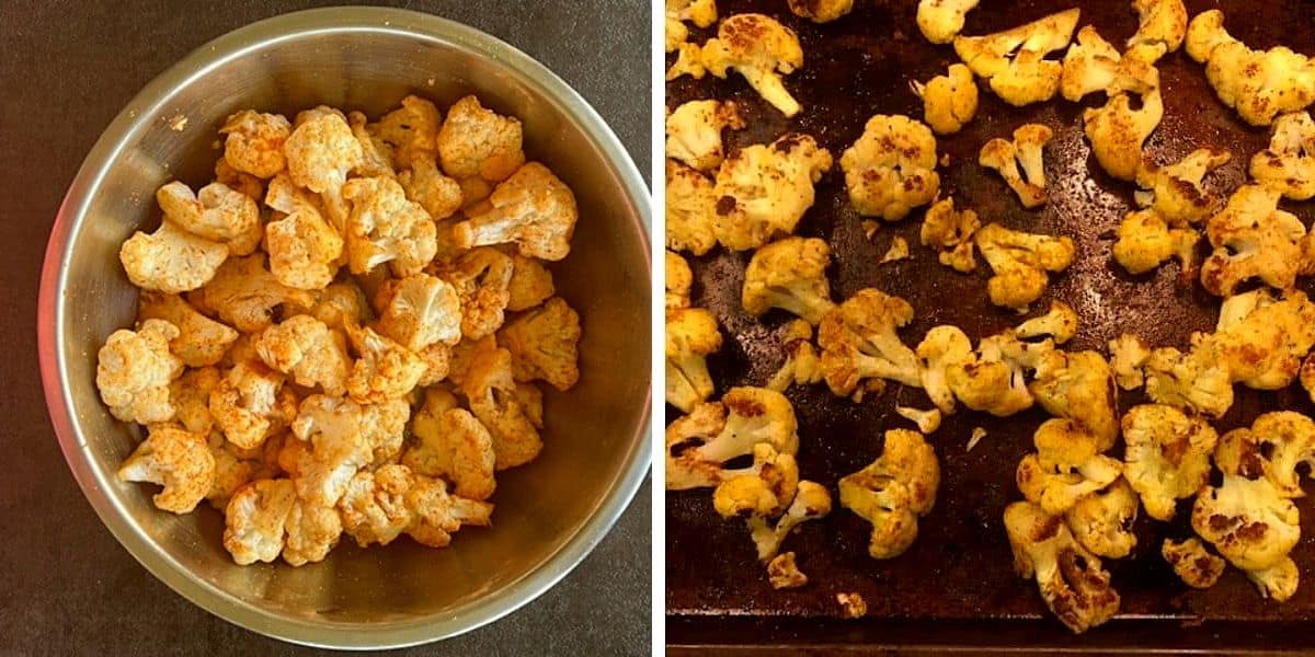 cauliflower is tossed in spices and baked  in the oven