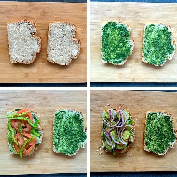 butter, coriander chutney and veggies added to sour dough bread