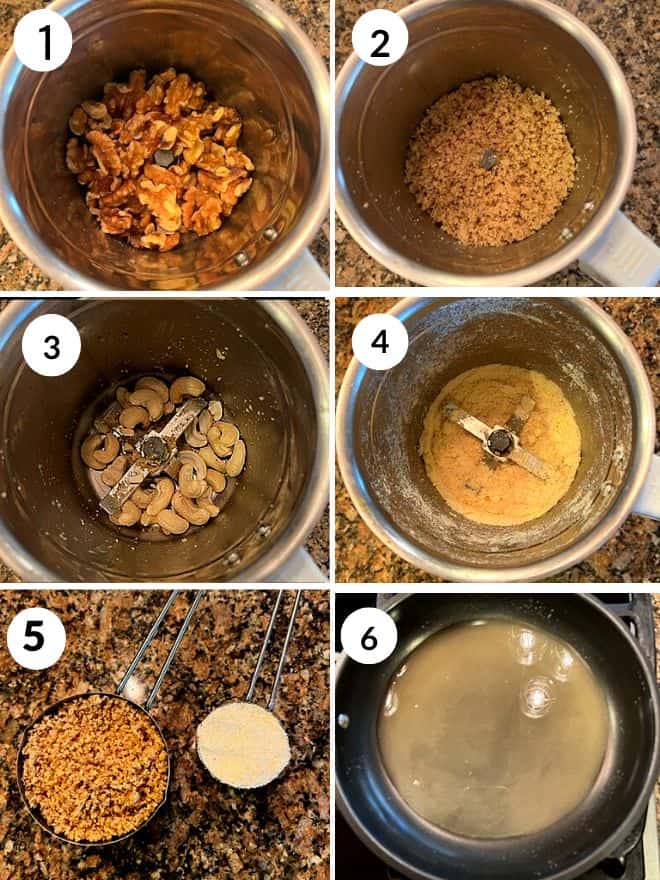 ground walnuts and cashew are measured, and water and sugar are added to a non stick pan