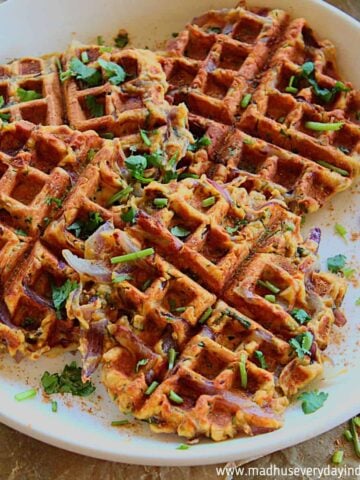 pakora waffles served in a white plate