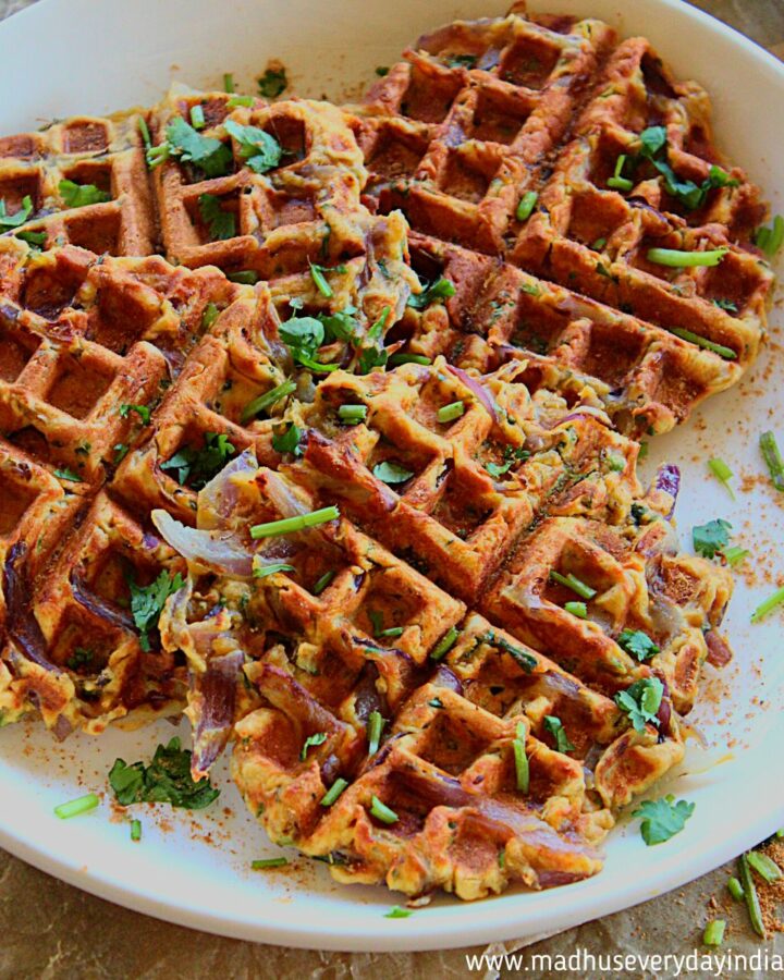 pakora waffles served in a white plate