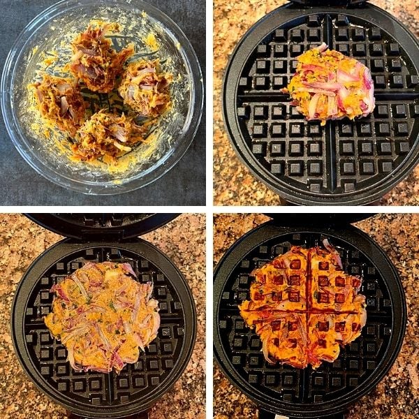 pakora mixture divided to four parts and cooked in a waffle maker.