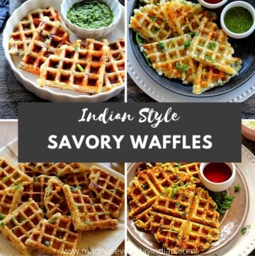 collage of 4 pics of indian savory waffles