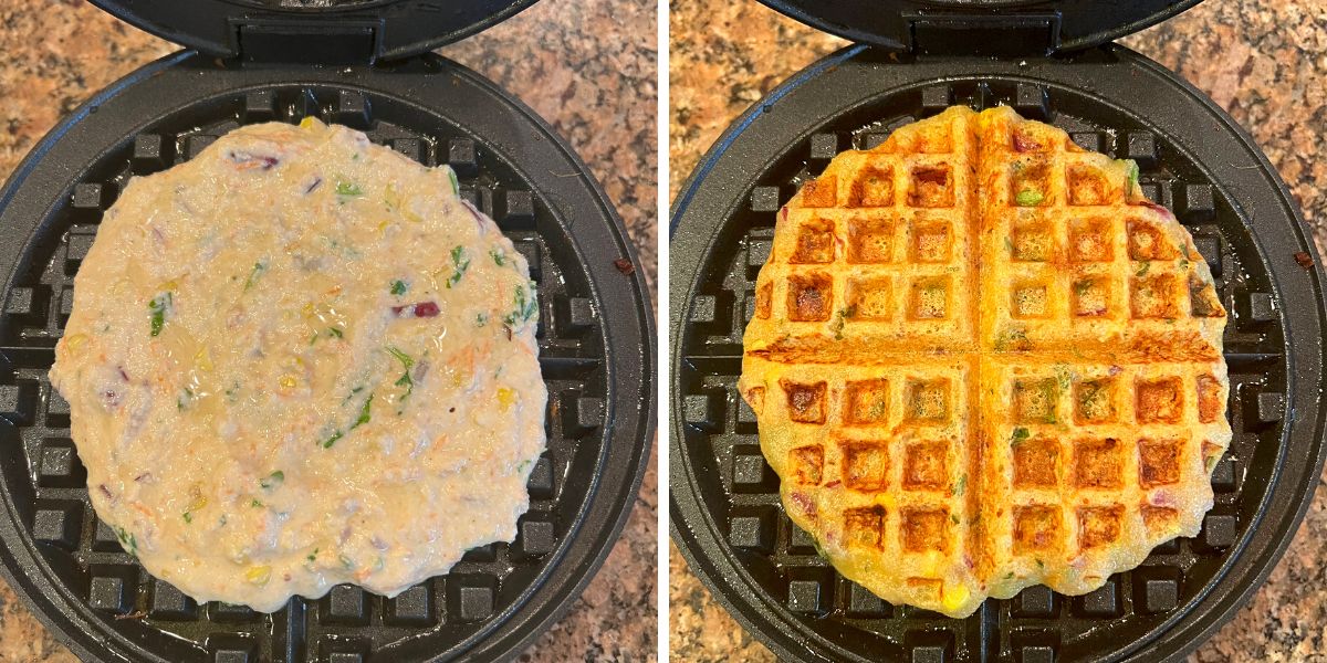 batter poured and cooked the rava waffles in a waffle maker