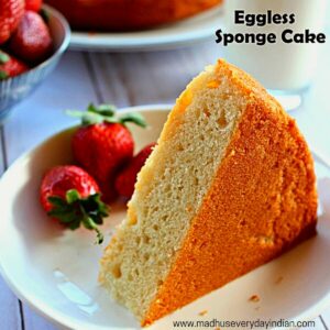 eggfree vanilla cake served in a plate with strawberries