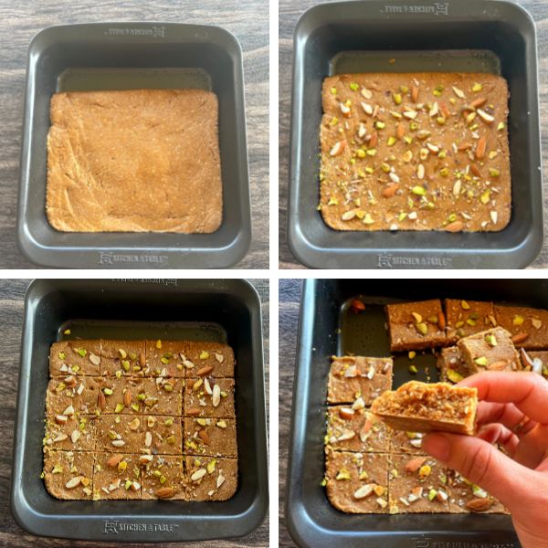 sesame almond burfi topped with nuts and cut to squares