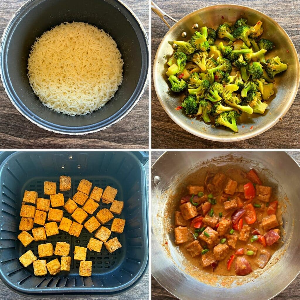 cooked rice, stir fried broccoli, air fried tofu and tofu stir fry in the pic