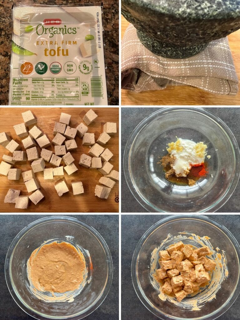 tofu made to cubes and marinated in yogurt and spices