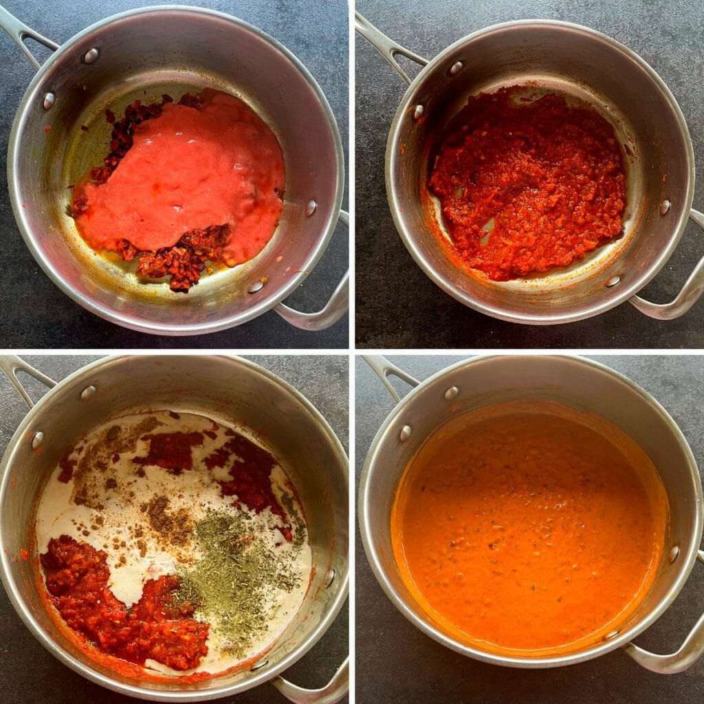 tomato pureed added and coconut milk is added and cooked till creamy