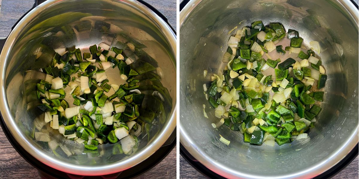 sauteed poblano, serrano. onion and garlic in the instant pot 