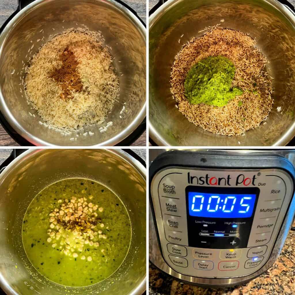 sauteed rice is mixed with green puree and cooked for 5 minutes in the instant pot