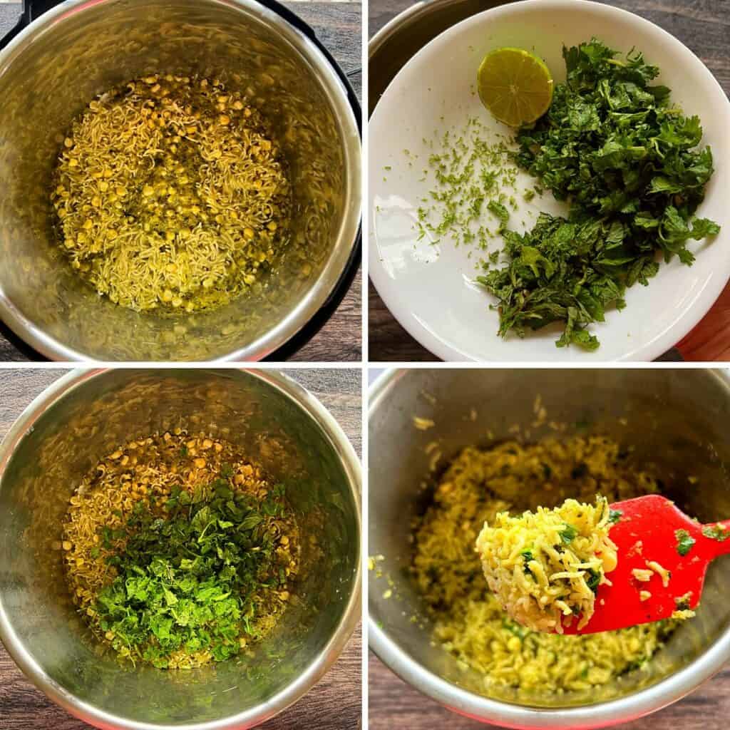 cilantro and lemon juice added to the green rice in instant pot